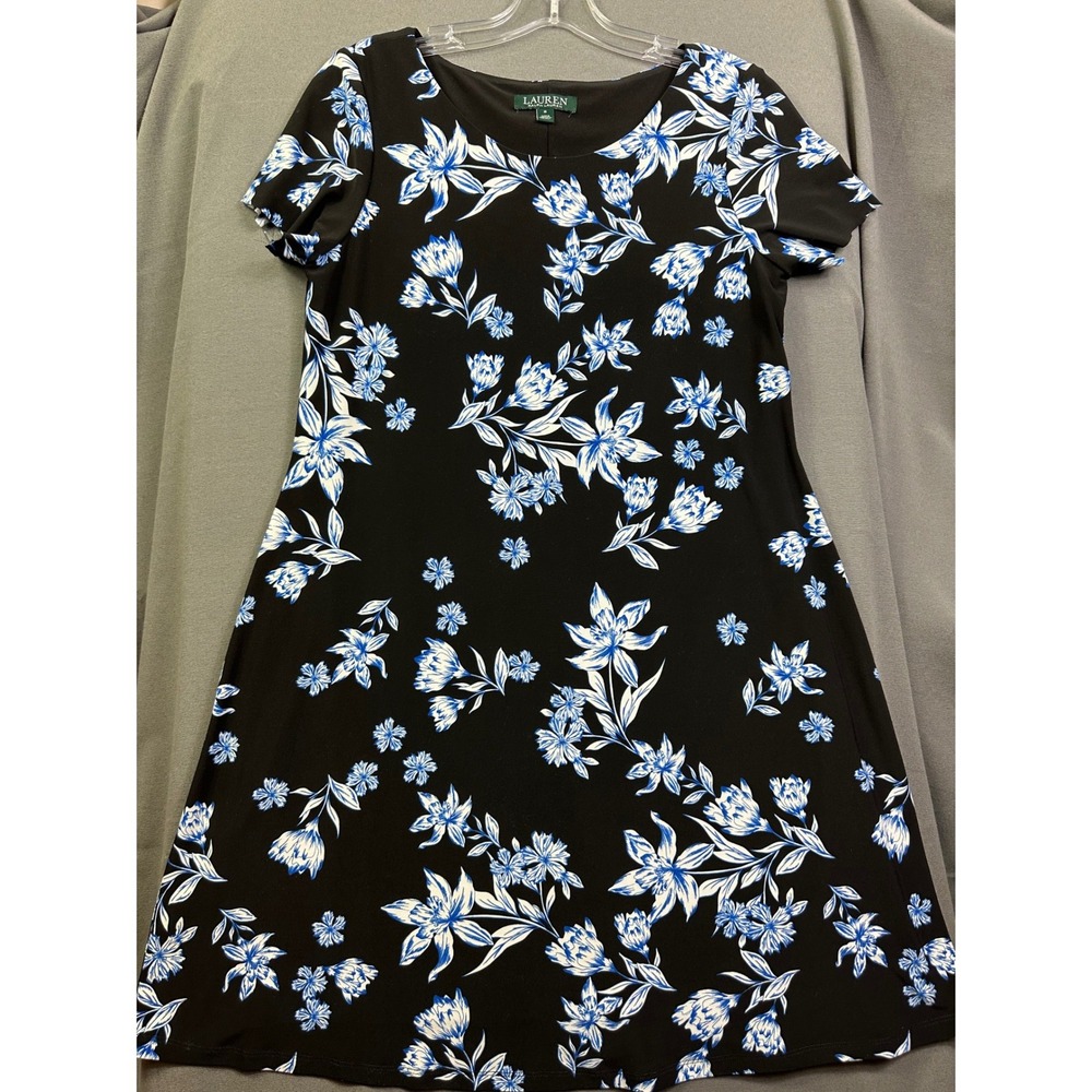 Lauren Ralph Lauren Women's Black Blue Floral Short‎ Sleeve Jersey Dress Size 8